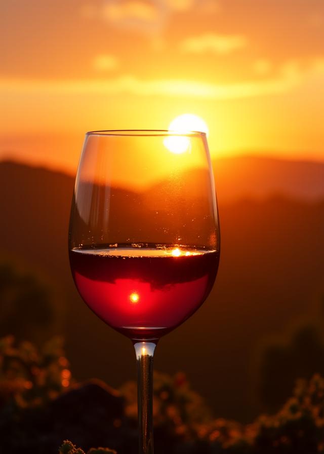 Ein Glas Weißwein vor der Kulisse eines Sonnenuntergangs über den Weinbergen.