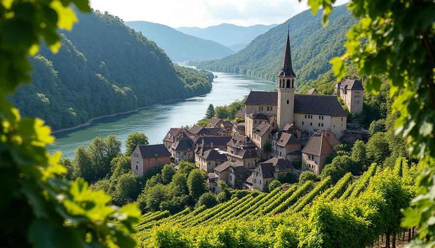 Blick auf das Dorf Spitz an der Donau, umgeben von Weinterrassen.